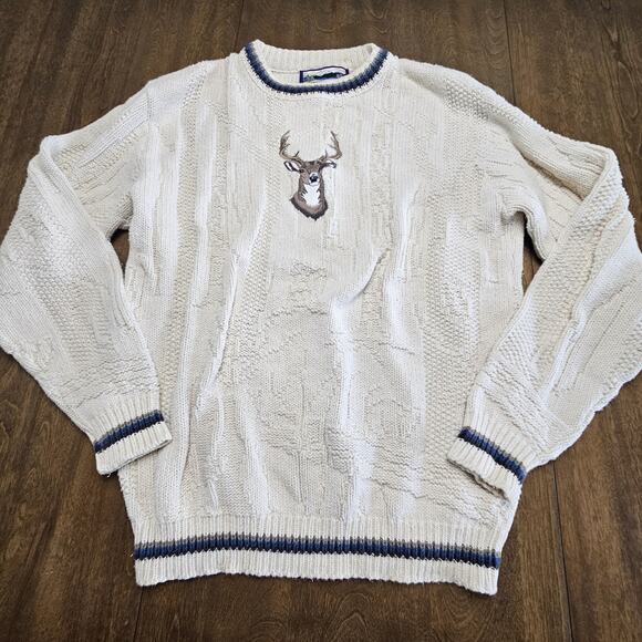 Vintage 90s Shenandoah Deer Embroidered Knit Sweater Cotton Men’s Cream Size LT - Picture 1 of 4